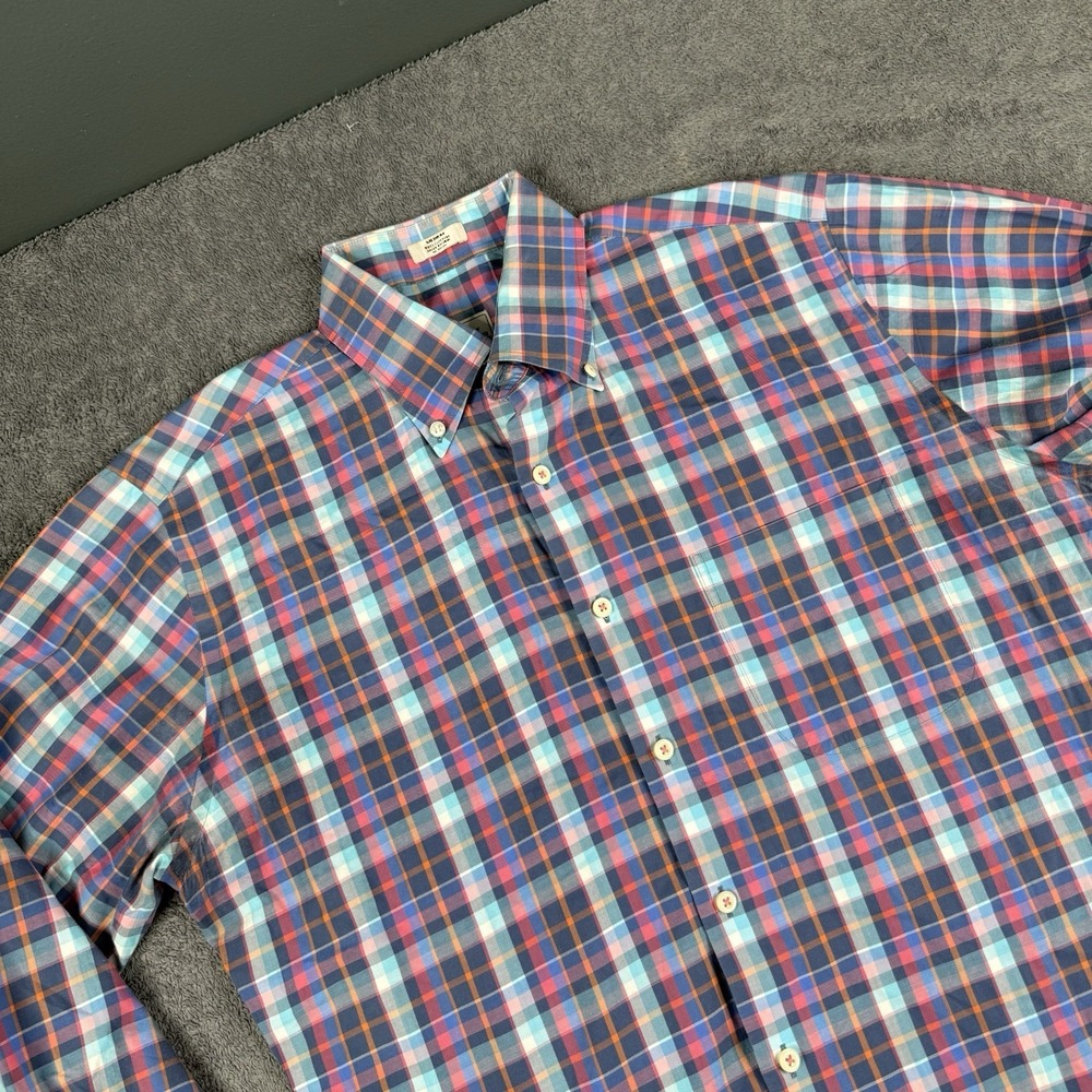 PETER MILLAR Mens Red Blue Gingham Plaid Button Down Shirt Medium Cotton